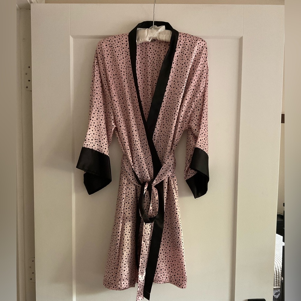 Victoria’s Secret by Morgan Taylor Pink Satin Polka Dot Robe with Black Trim by